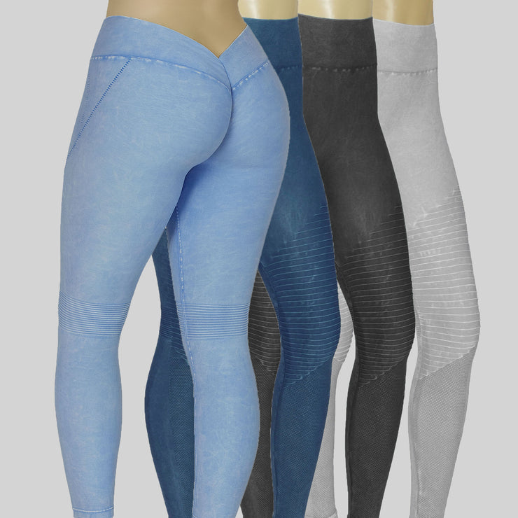 NEW PoshSnob Curve CLUB Stone Wash Moto Deep V-Back Scrunch Leggings XL-XXL