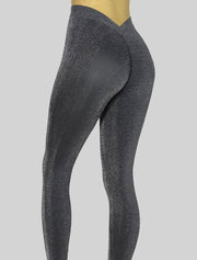 NEW PoshSnob CLUB Deep Scrunch Titanium Grey Silver Sparkle V-Back Leggings M-XXL