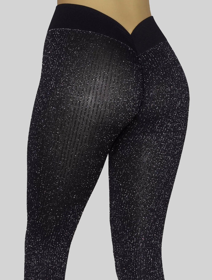 NEW PoshSnob Deep Scrunch Sparkle Sheer Rear V-Back Leggings S-L Intimate Blend