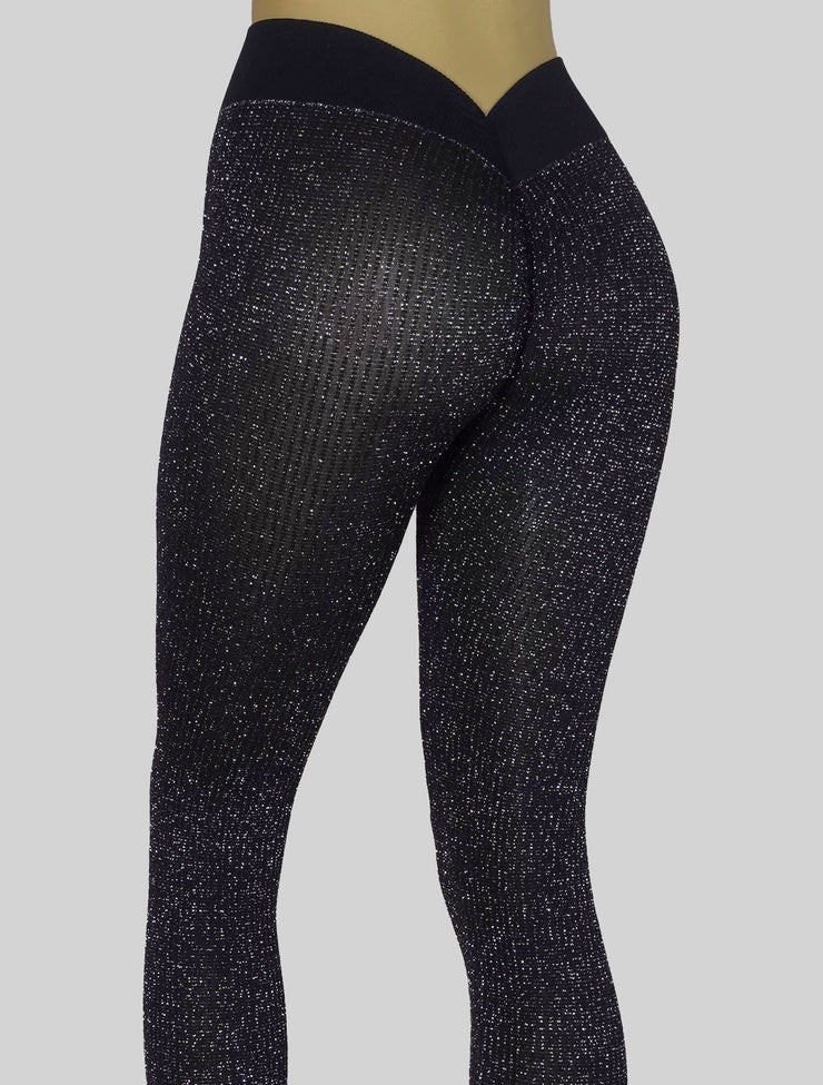 NEW PoshSnob Deep Scrunch Sparkle Sheer Rear V-Back Leggings S-L Intimate Blend