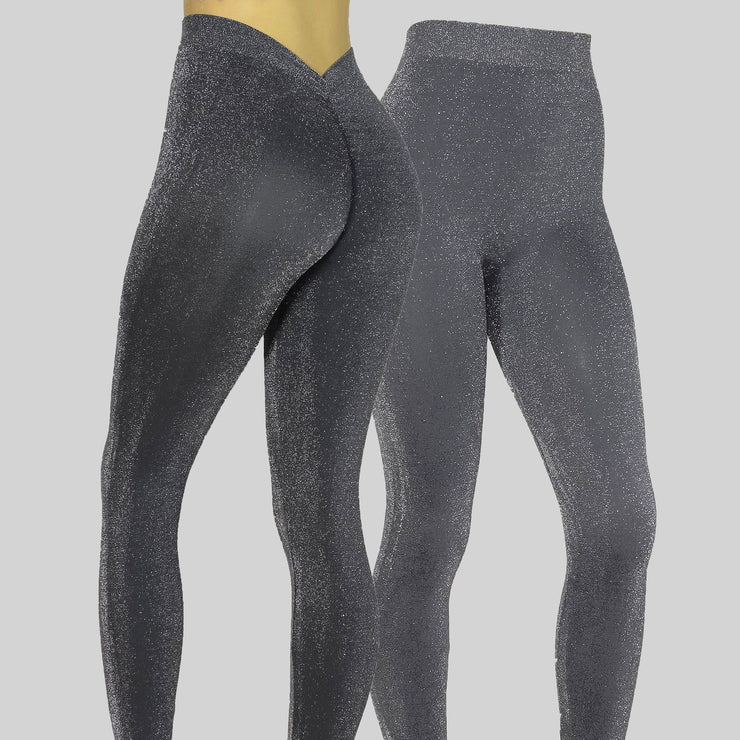 NEW PoshSnob CLUB Deep Scrunch Titanium Grey Silver Sparkle V-Back Leggings M-XXL