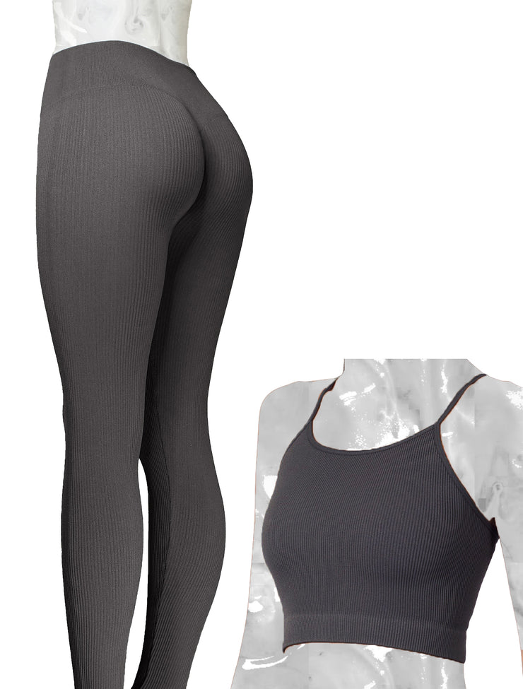 PoshSnob Ribbed SET "Lift & Fit" High Waist Seamless Fitness Exercise Scrunch Leggings SPORT Sizes XS-L-8 Color Options Olive Black Grey Blue
