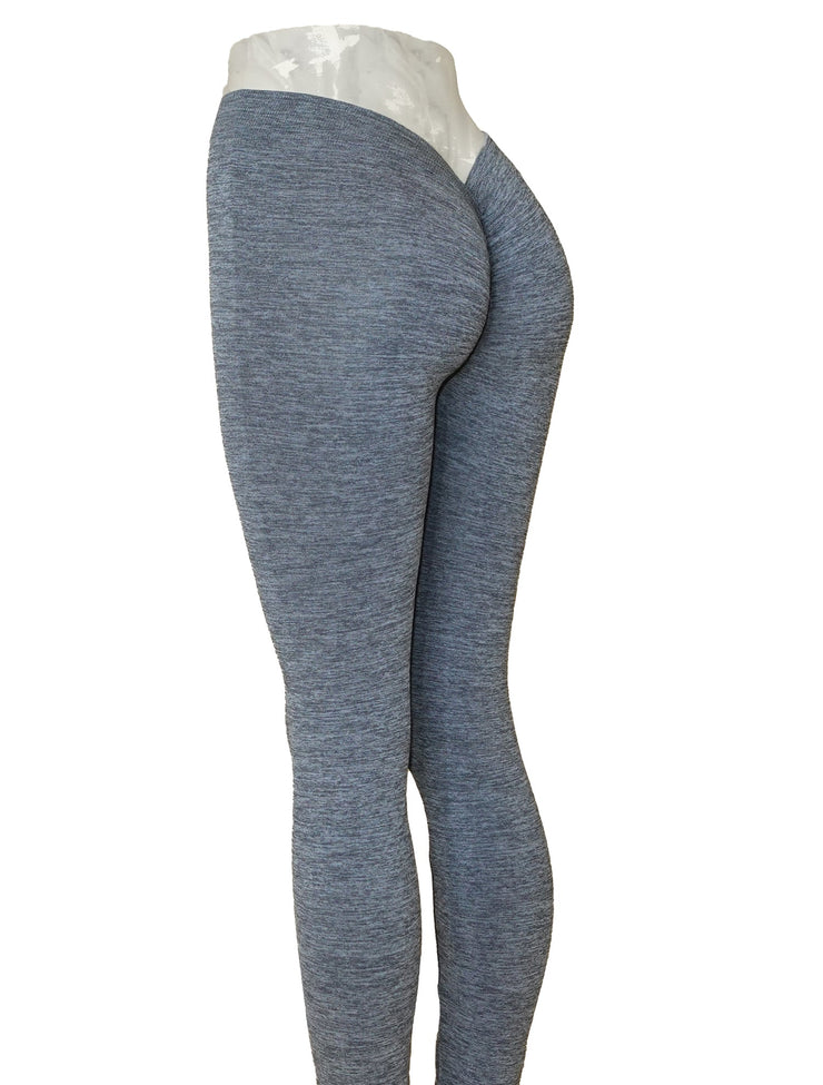 PoshSnob "Active V-BACK" Heathered Seamless Brazilian Scrunch Bum Clubwear Leggings Sizes S-L Grey Pink - 3 COLOR OPTIONS