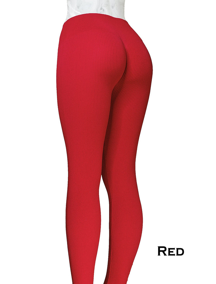PoshSnob Ribbed "Lift & Fit" High Waisted Seamless Fitness Exercise Scrunch Leggings SPORT Sizes XS-L -10 Color Options Pink Cran Red Blue